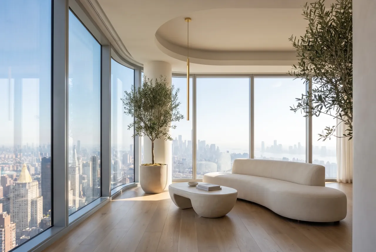 Floor-to-ceiling curved windows framing the skyline in a SKYAIR residence