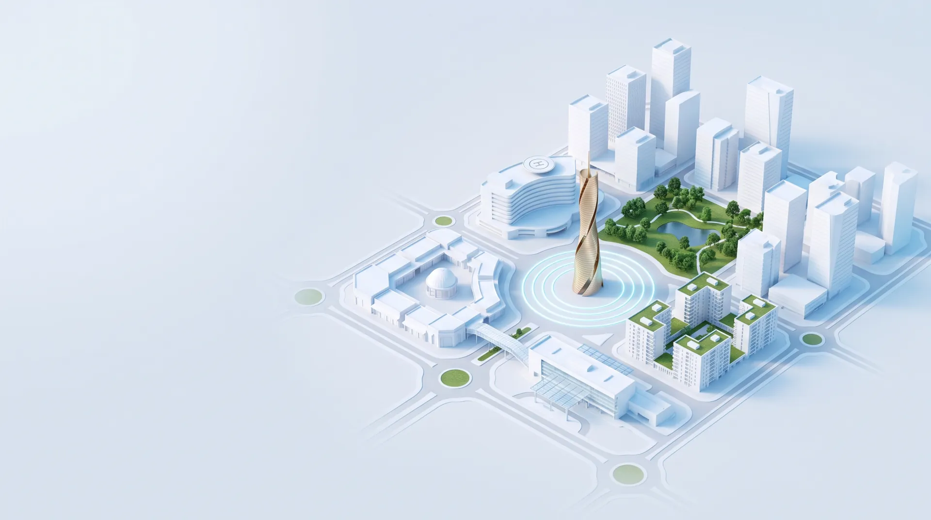 Bird's-eye masterplan of the SKYAIR district with the tower at its centre