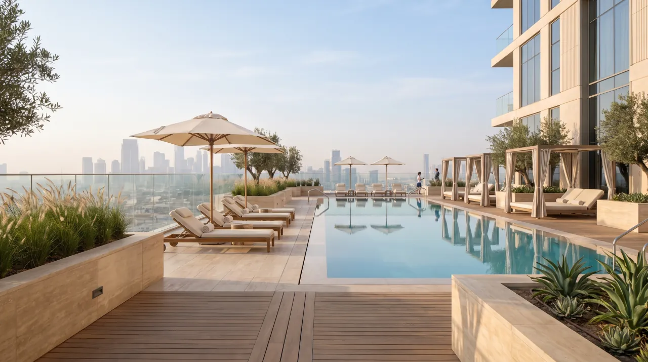 Rooftop infinity pool overlooking the city at a SKYAIR residence
